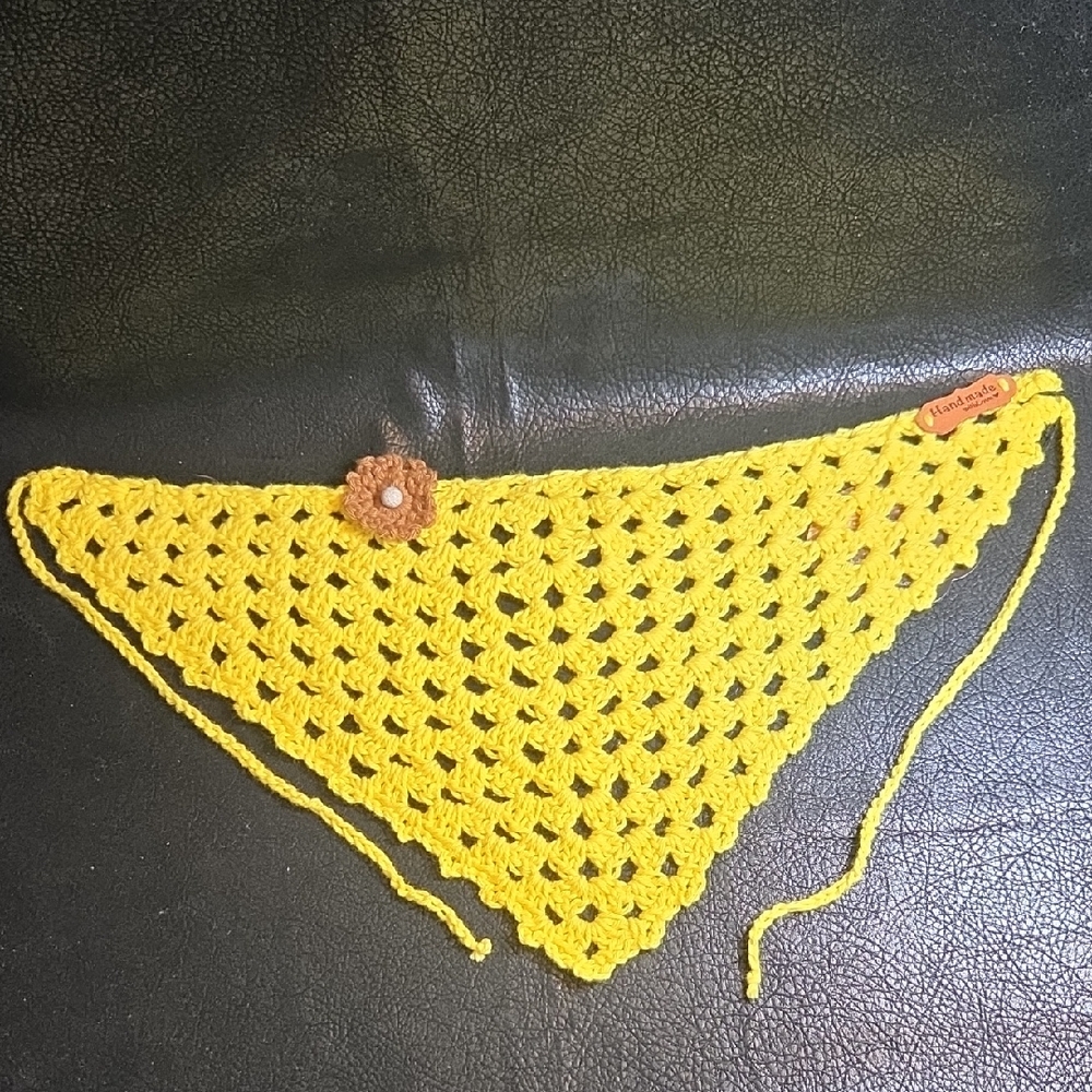 Handmade Yellow Crochet Bandana Scarf with Flower Accent